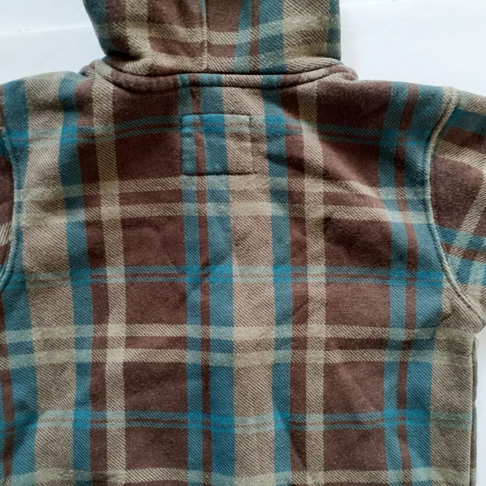 Oshkosh Boys Jacket Sweatshirt Hoodie Brown Blue Plaid Fleece Zip 3T